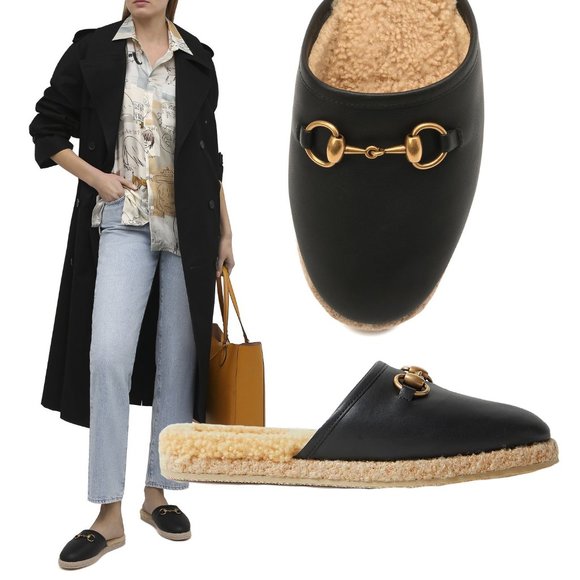 GUCCI SHOES FRIA SHEARLING LEATHER SLIPPERS w HORSEBIT SLIDES sz 36.5 6.5 US - Picture 1 of 16